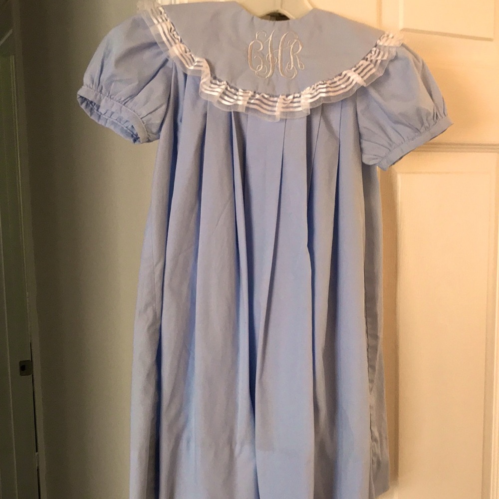 Beautiful monogrammed blue dress with white trim